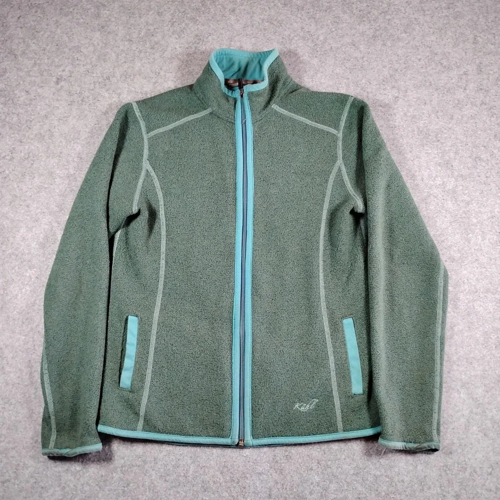 Kuhl Womens Full Zip Fleece Jacket Green Teal‎ Thumbholes Size Small Mock Neck